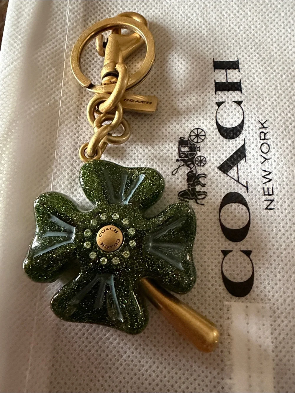 Coach Green Glitter Four-Leaf Clover Key Charm with Gold Hardware